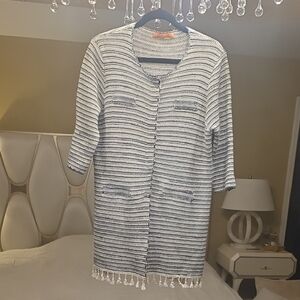 Vilagallo White and Navy Striped Long Cardigan with Fringe